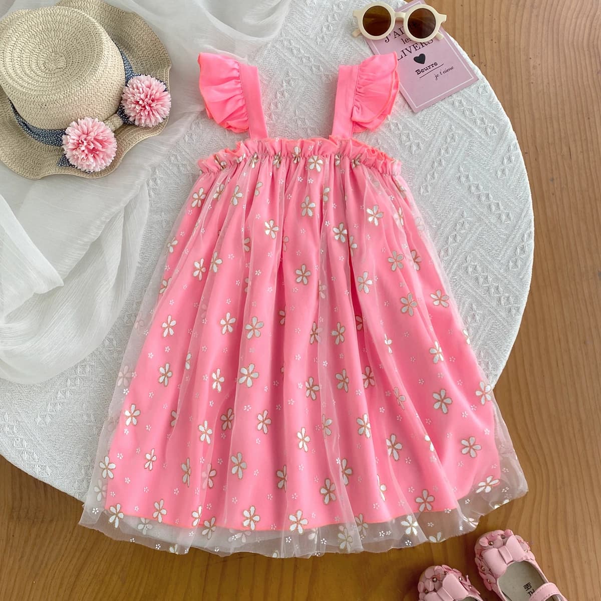 Abito Estivo per Bambine Europa e America, Vestito a Rete con Margherite e Maniche Volanti, Abbigliamento per Bambini