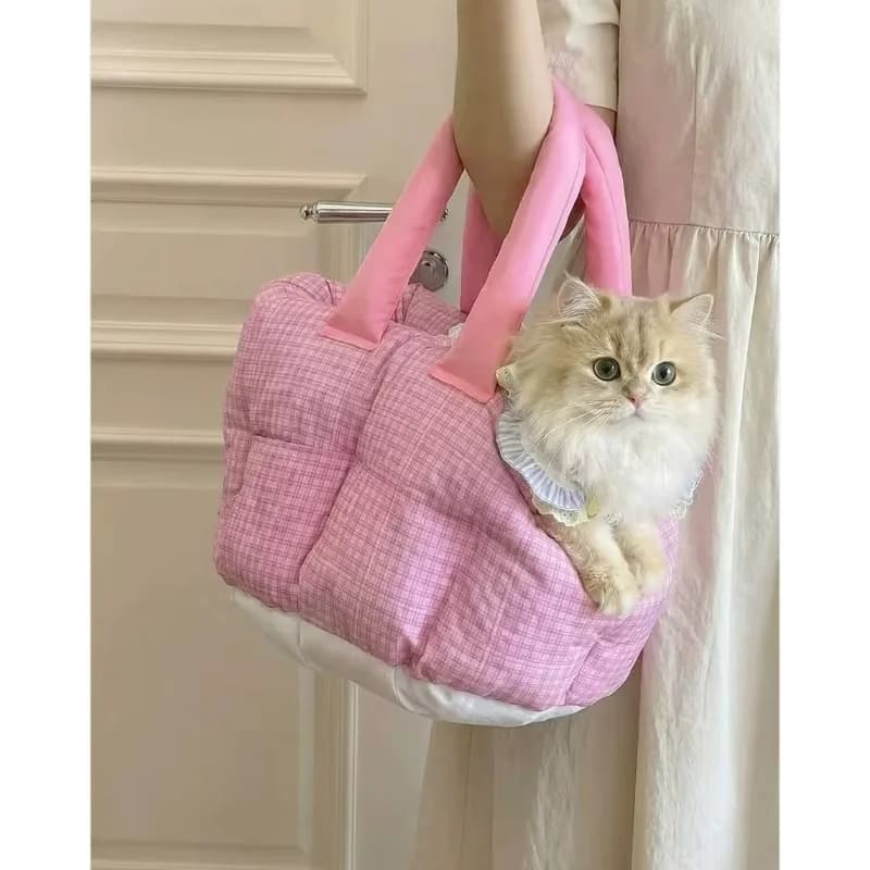 Cute Pink Plaid Ear Pet Carrier Backpack, Fully Washable Travel Bag With Soft Cushion, Breathable Backpack For Cats Small Dogs