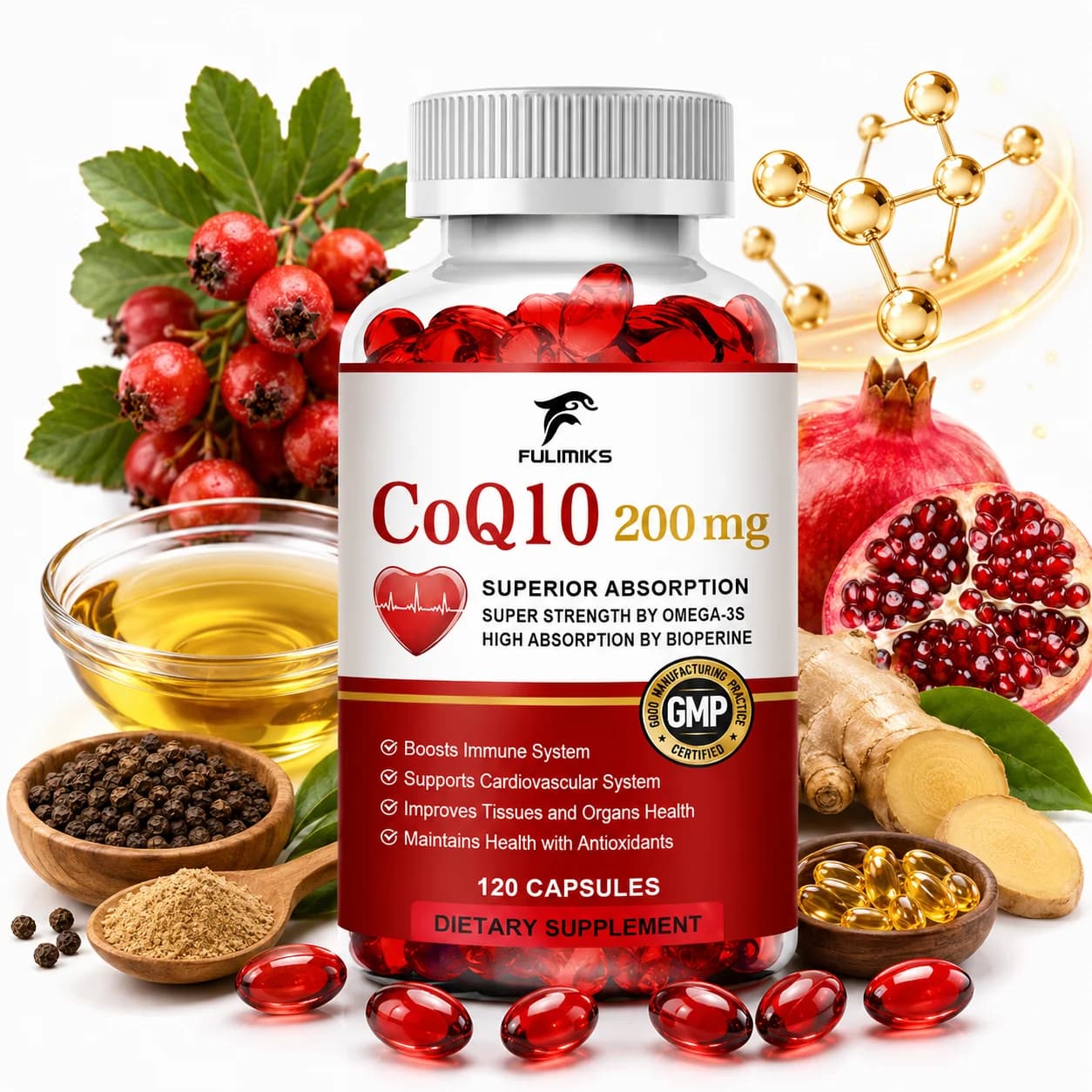 FULIMIKS CoQ10 Soft Capsules, with Omega-3 & Bioperine Black Pepper Extract, Improve Tissues and Organs Health, Liver Function