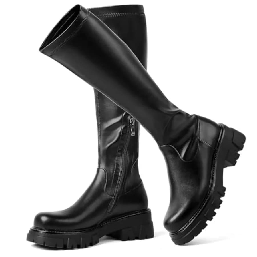 CouieCuies Stivali Alti da Donna Neri con Suola a Zoccolo, Scarpe Elasticizzate Sotto il Ginocchio, Comode con Suola Spessa, Eleganti con Mezza Zip