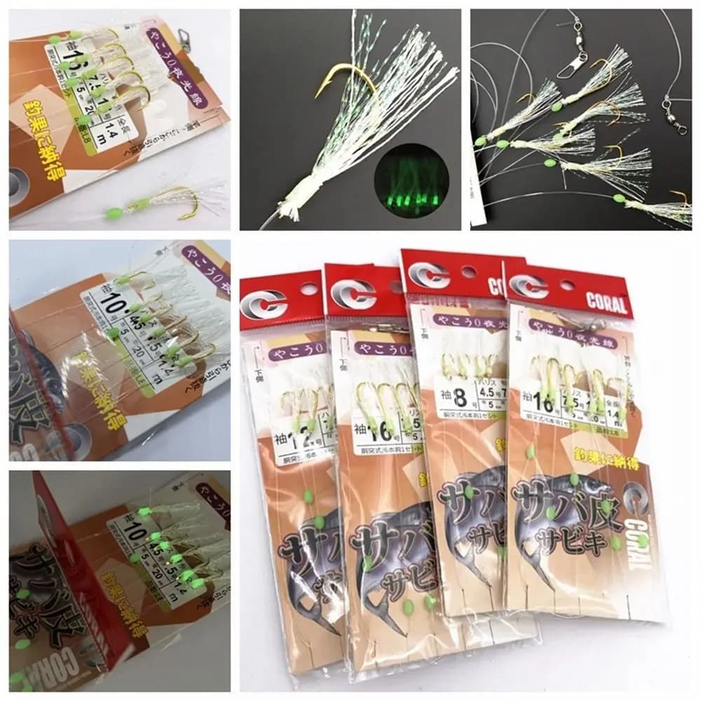 6 Pz/set Piume di Sgombro Sabiki Rig Gancio Aci in Carbonio Bagliore Scuro Luminoso Ganci a Corda Pesca Notturna Rig Gancio Sabiki Lure