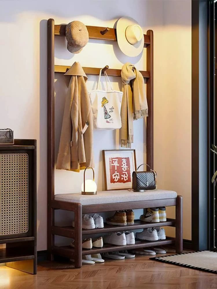 Shoe rack entrance door entryway coat rack soft-wrapped stool shoe bench Solid wood shoe changing stool clothes rack integrated