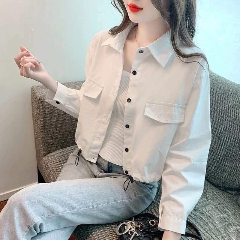 Retro Hong Kong Style Women's Collar Workwear Jacket Spring Autumn Short Size Outer Cardigan Button Unique Beautiful Top