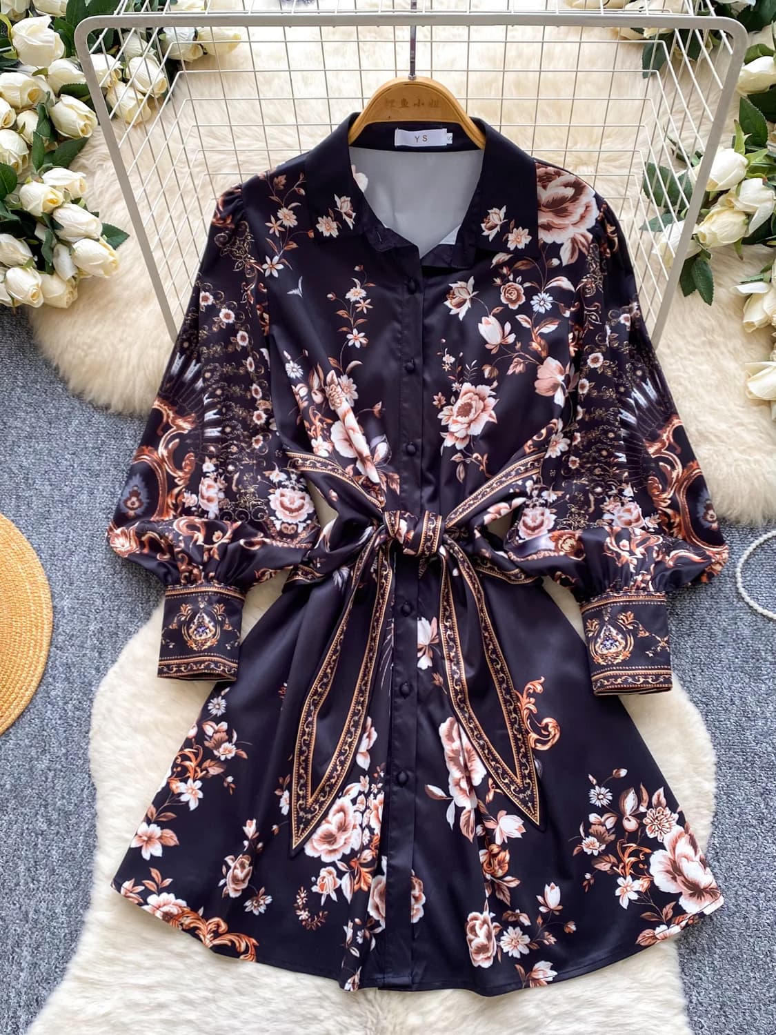 Retro V-Neck Sash Long Sleeve Floral Print Dress Women's Summer Korean Style Slimming A-Line Skirt Commute High Waist Dress