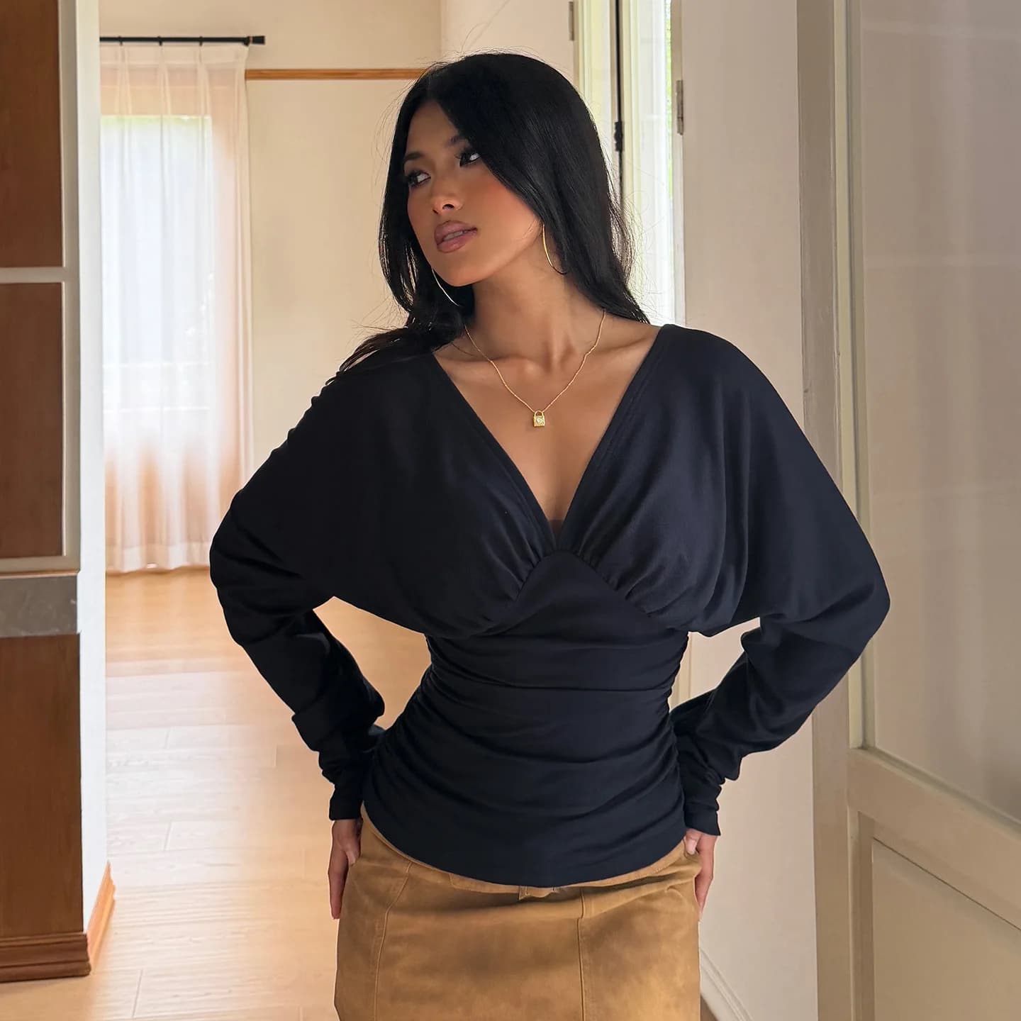 Elegant V Neck Tops Solid T Shirts 2026 Fall Luxury Clothes Fashion Women Pleated Sexy Ladies Chic Tops Blouses