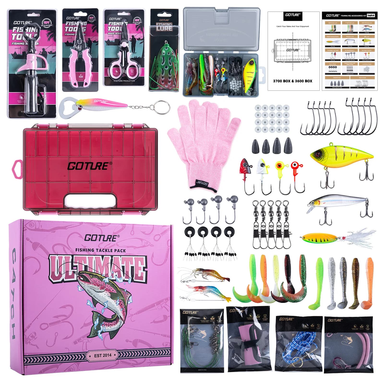 Goture Pro Pink Fishing Equipment Set, Stainless Steel Grips, Fish Grips, baits, Accessories with Freshwater and Salad Box