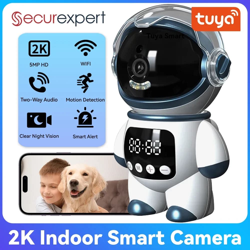 Telecamera WiFi PTZ Tuya Smart 5MP per Interni, Monitor per Bambini a Forma di Robot Astronauta, Audio Bidirezionale, Rilevamento Movimento, Visione Notturna, Webcam, Telecamera per Animali Domestici