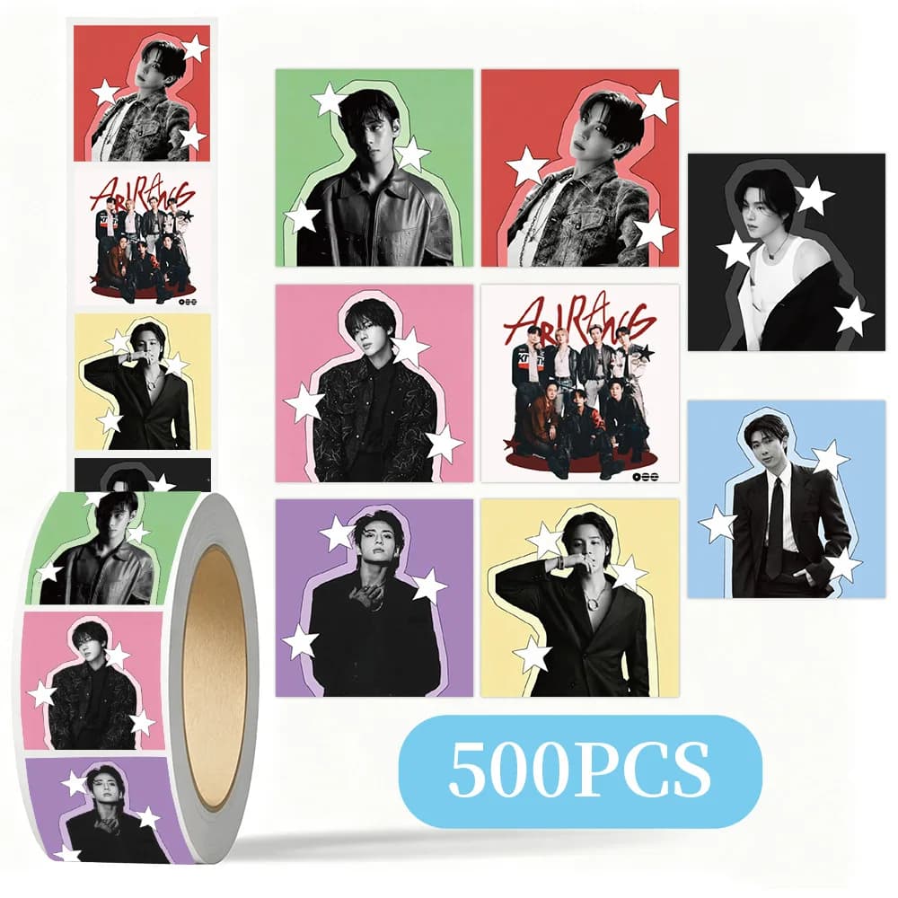 K-pop BTS Star Decorative Sticker Roll 500Pcs DIY Journal Diary Stickers for Luggage Laptop Phone Case Fans Collectible Gift