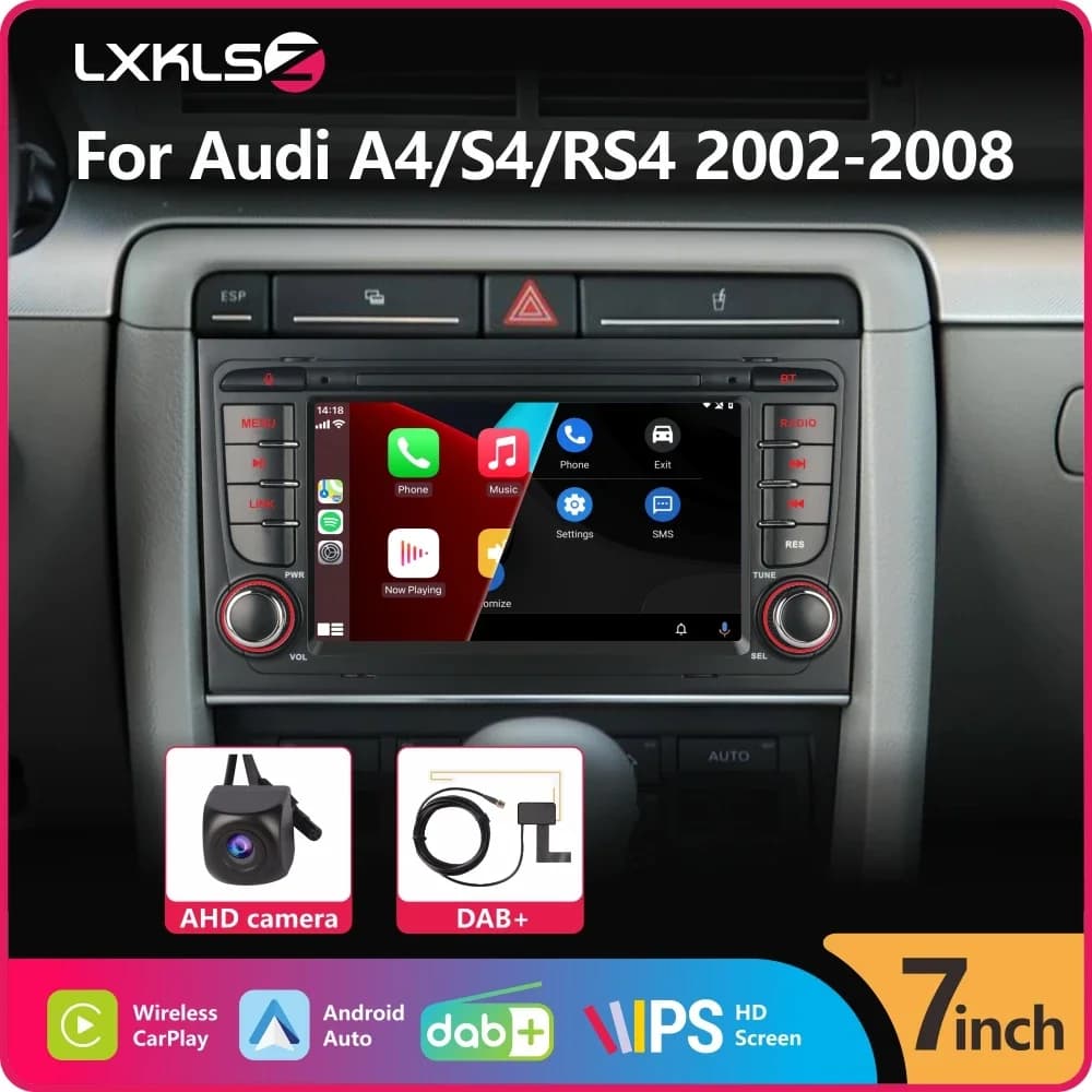 Autoradio con Wireless Carplay Android Auto per Audi A4 S4 RS4 2002-2008 con 7 "IPS Touch Screen DAB + AHD telecamera per retrovisione