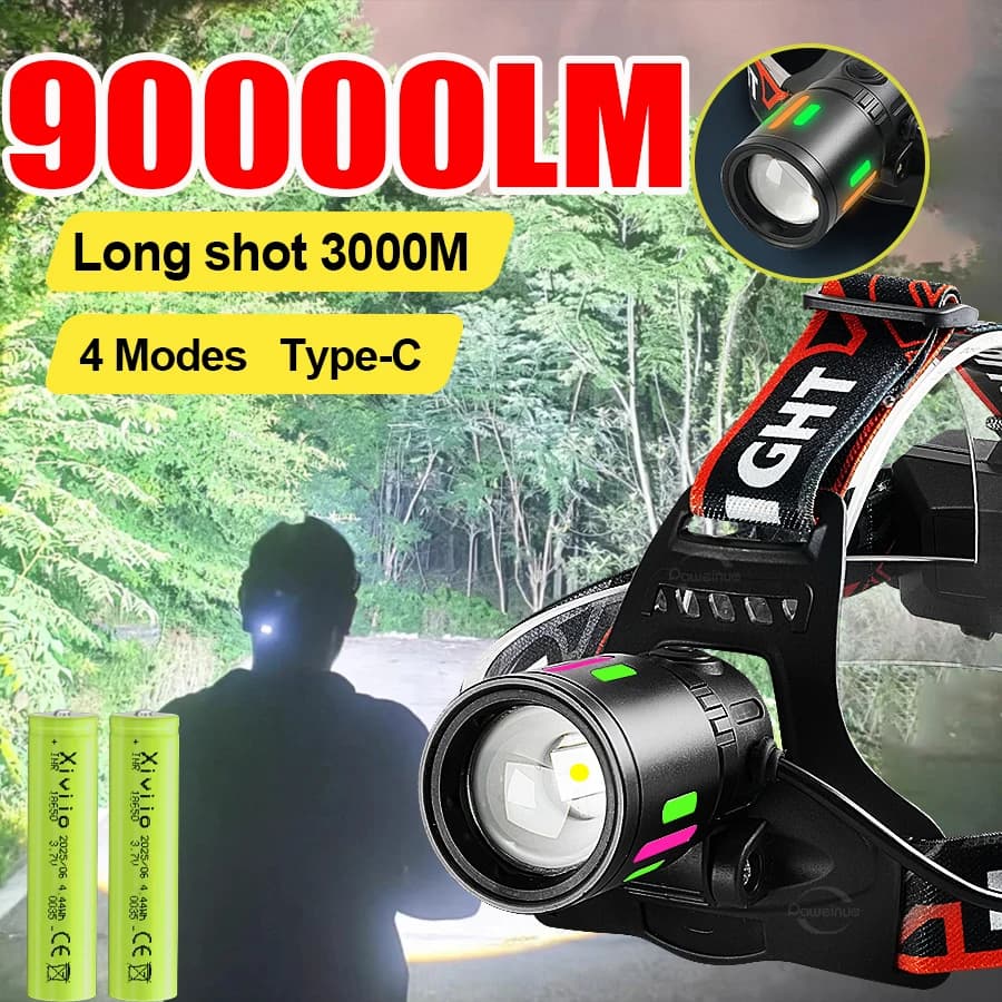 Torcia frontale a LED da 900000LM, potente lampada frontale ricaricabile tramite USB-C, lanterna professionale per pesca e campeggio