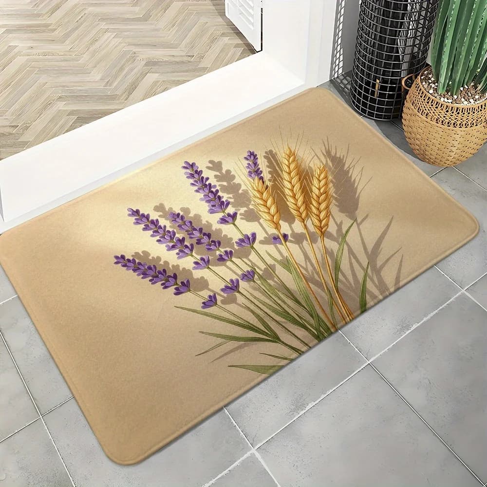Lavender Wheat Sheaf Doormat Rustic Farmhouse Design Rug Non-Slip Kitchen Mat for Country Home