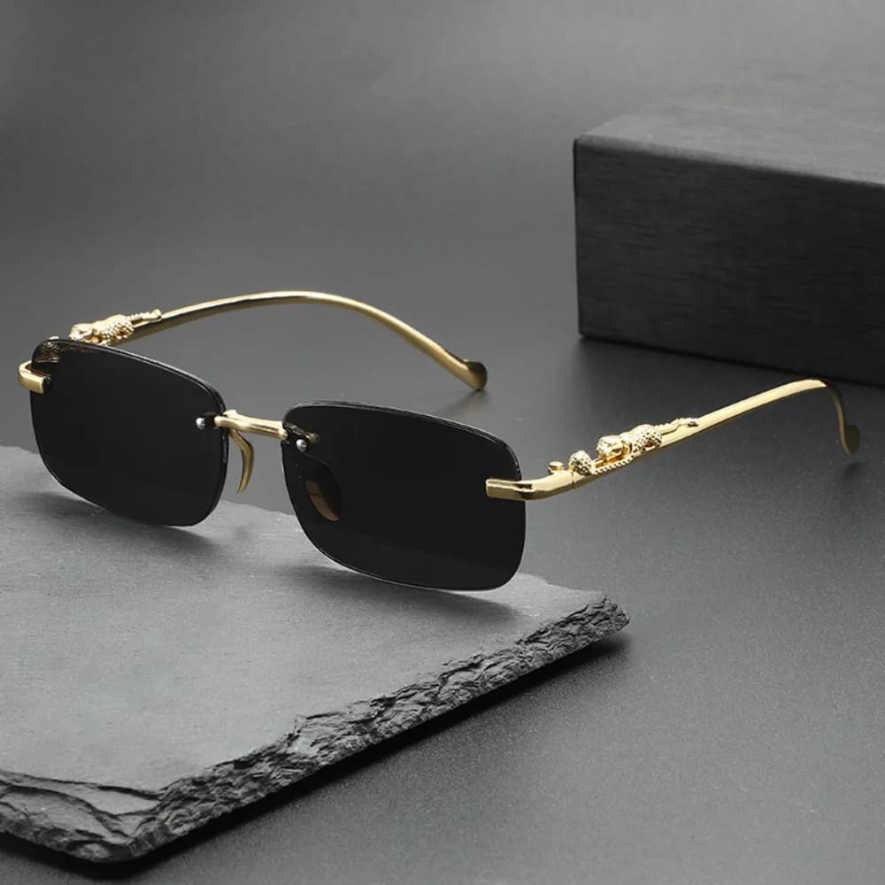 Occhiali da Sole Eleganti Senza Montatura con Aste Effetto Ghepardo, Protezione UV, per Business e Casual