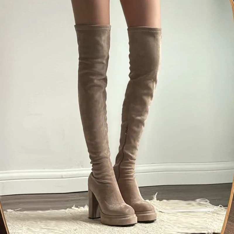 Nightclub Fashion Woman Thigh High Boots Sexy Thick High Heels Party Autumn Winter Ladies Fleece Lined Over-the-knee Booties
