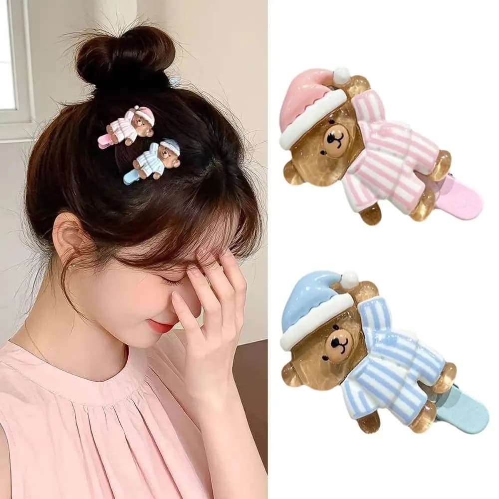 Kawaii 3D Cartoon Bear Hair Clip Acrylic Pink Sweet Barrettes Pajama Bear Hairpin Kids Hair Accessories