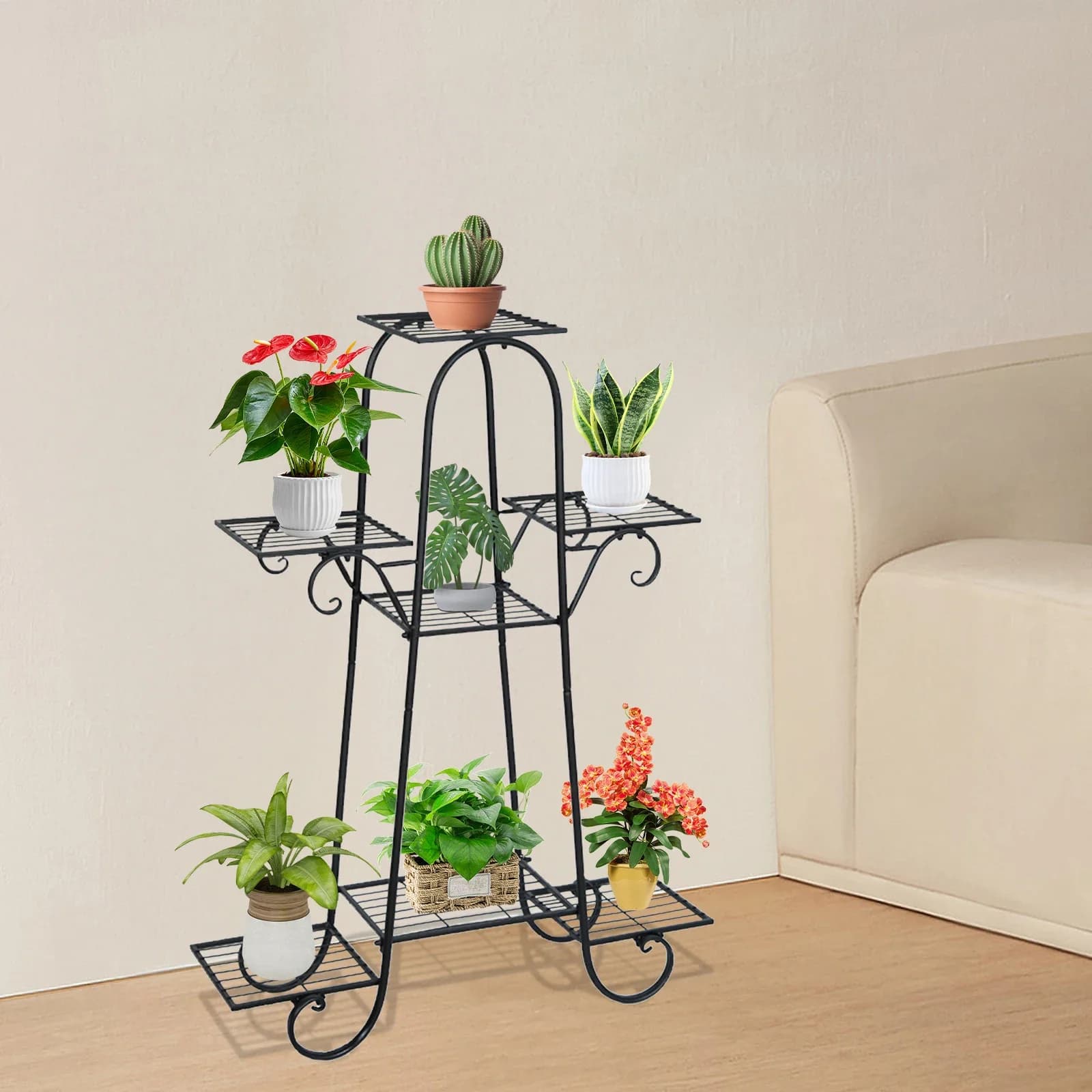 Supporto per piante a 7 livelli per interni ed esterni, supporto per fiori in metallo nero, ripiano multistrato per patio da giardino, dimensioni 76x25x101 cm