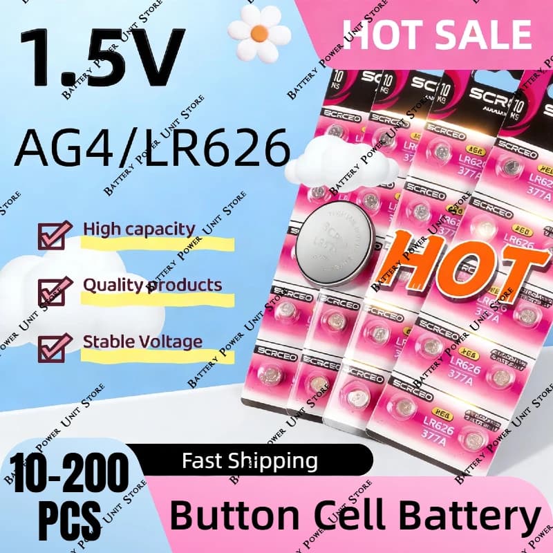 Batteria a bottone AG4 SR626SW LR626 377A 1.5V 10-200 pezzi per orologio, giocattolo, termometro, piccoli dispositivi elettronici