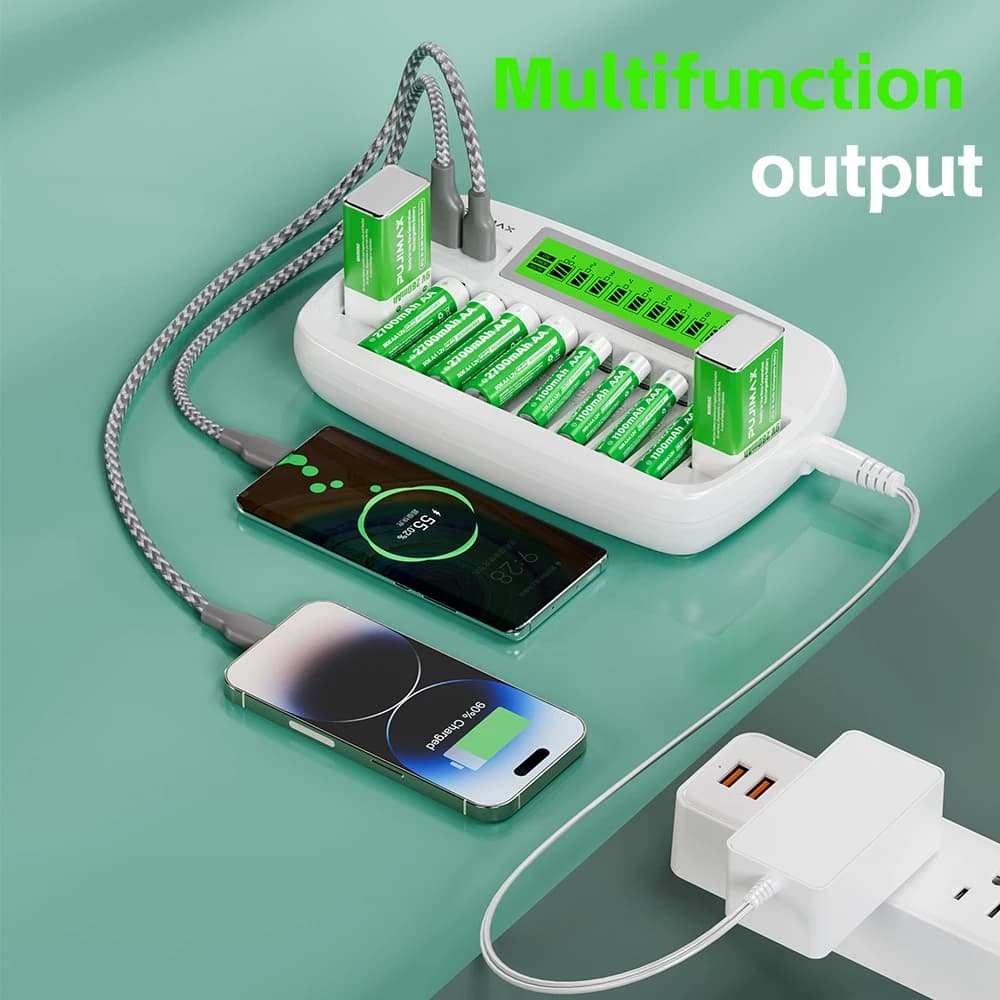 PUJIMAX 10-slot Ni-MH Battery Charger Charge 1-8pcs AA/AAA Ni-MH/Ni-Cd Rechargeable Batteries 2pcs 9V Rechargeable Batteries