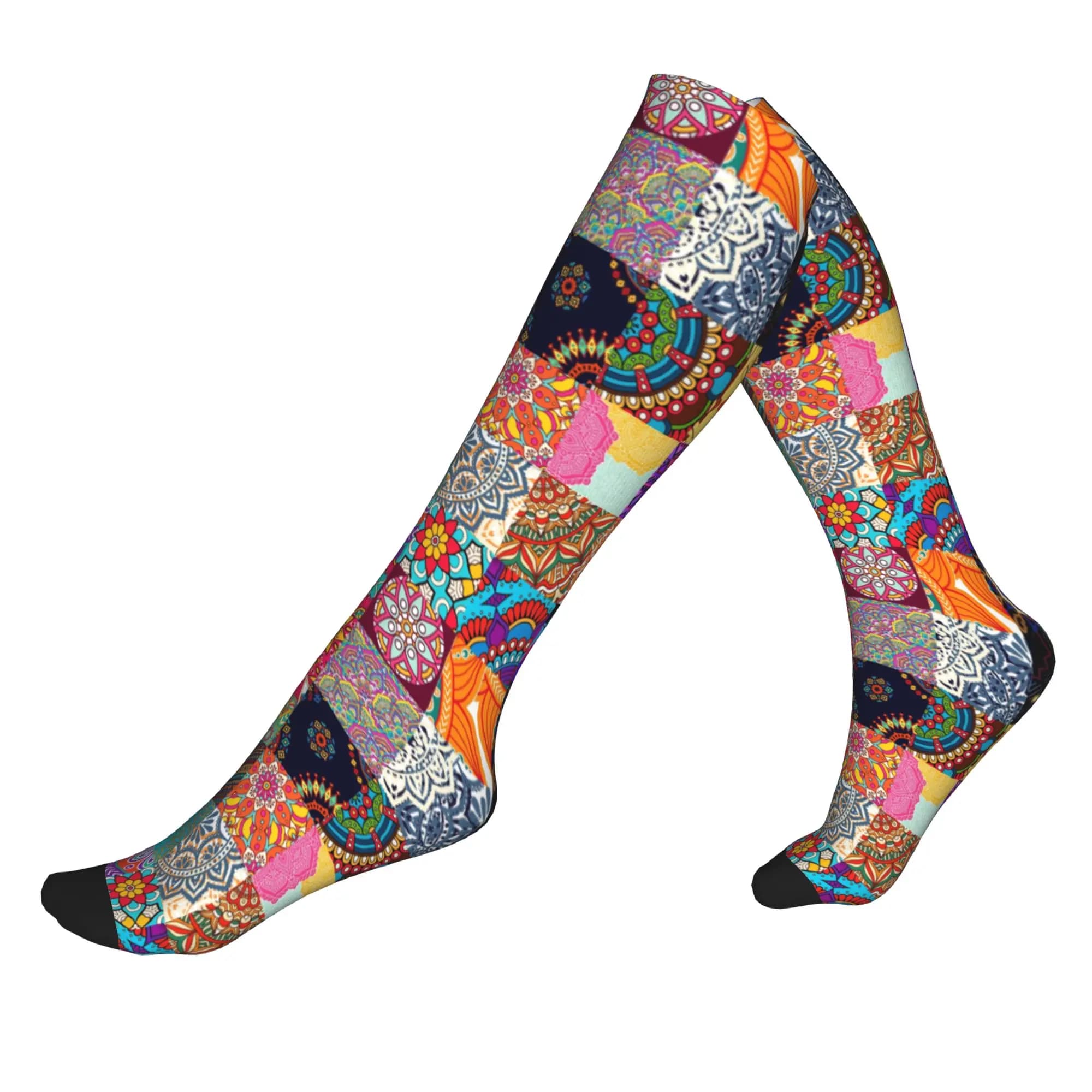 Calze a Compressione Sportive da Uomo con Design Etnico Africano Patchwork, Motivo Geometrico Ankara, Calze Eleganti per Primavera Estate Autunno Inverno