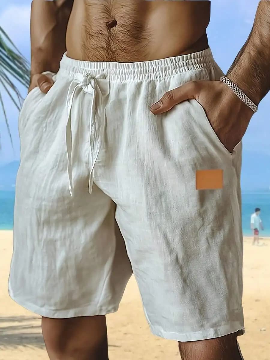 Mens Linen Beach Shorts With Drawstring Waist And Elastic Pockets - Breathable Solid Color Casual Summer Wear