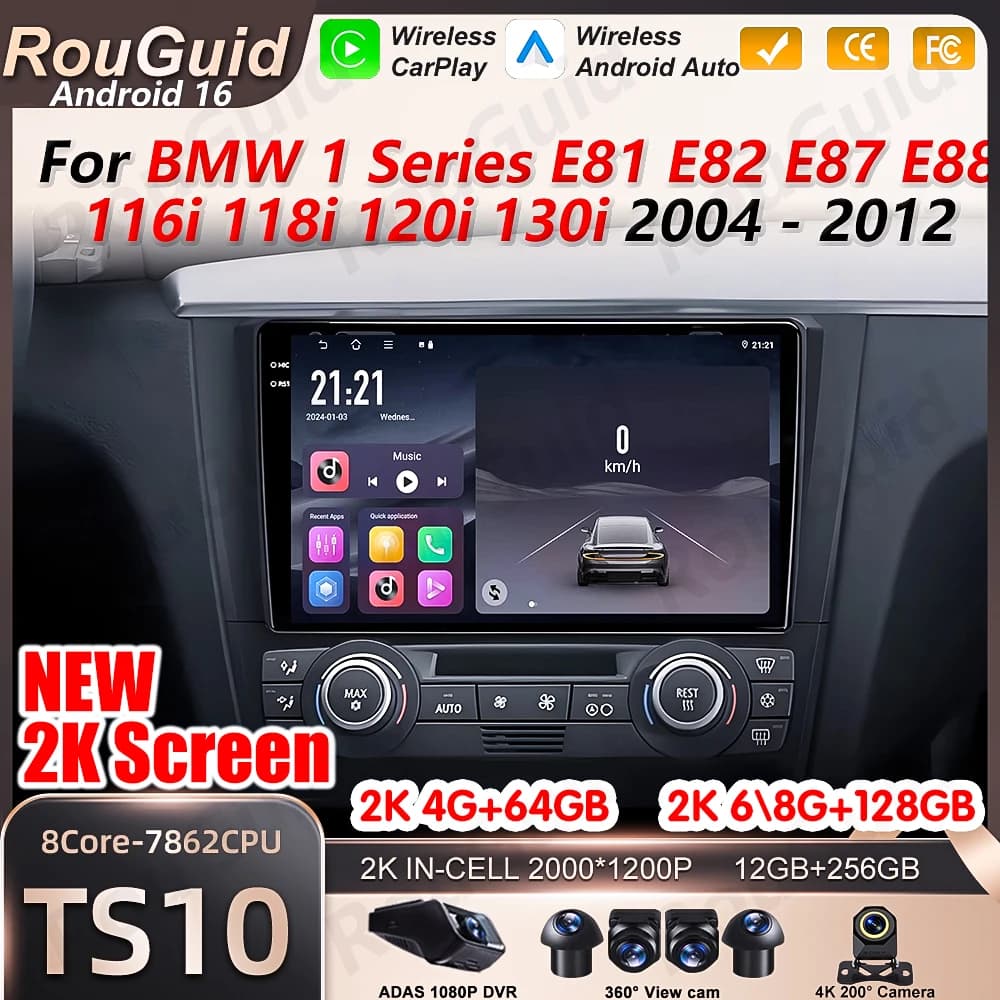 Autoradio Android 16 per BMW Serie 1 E81 E82 E87 E88 116i 118i 120i 130i 2004 - 2012, Lettore Multimediale Video Wireless per Auto
