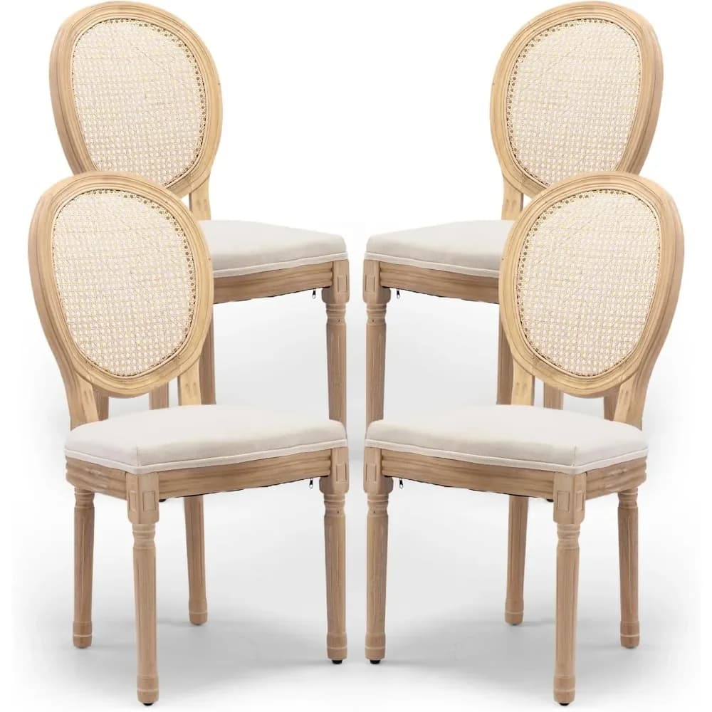 Set di 4 Sedie da Pranzo con Schienale in Rattan e Seduta Imbottita, Stile Country Francese, con Gambe in Legno per Sala da Pranzo e Cucina