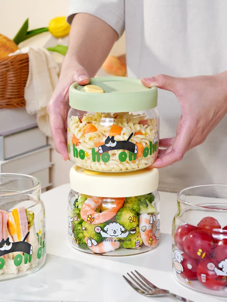 Contenitore per il pranzo in vetro borosilicato resistente, adatto al microonde, a forma rotonda, per la conservazione degli alimenti, per impiegati d'ufficio, con disegni di cartoni animati di riso.