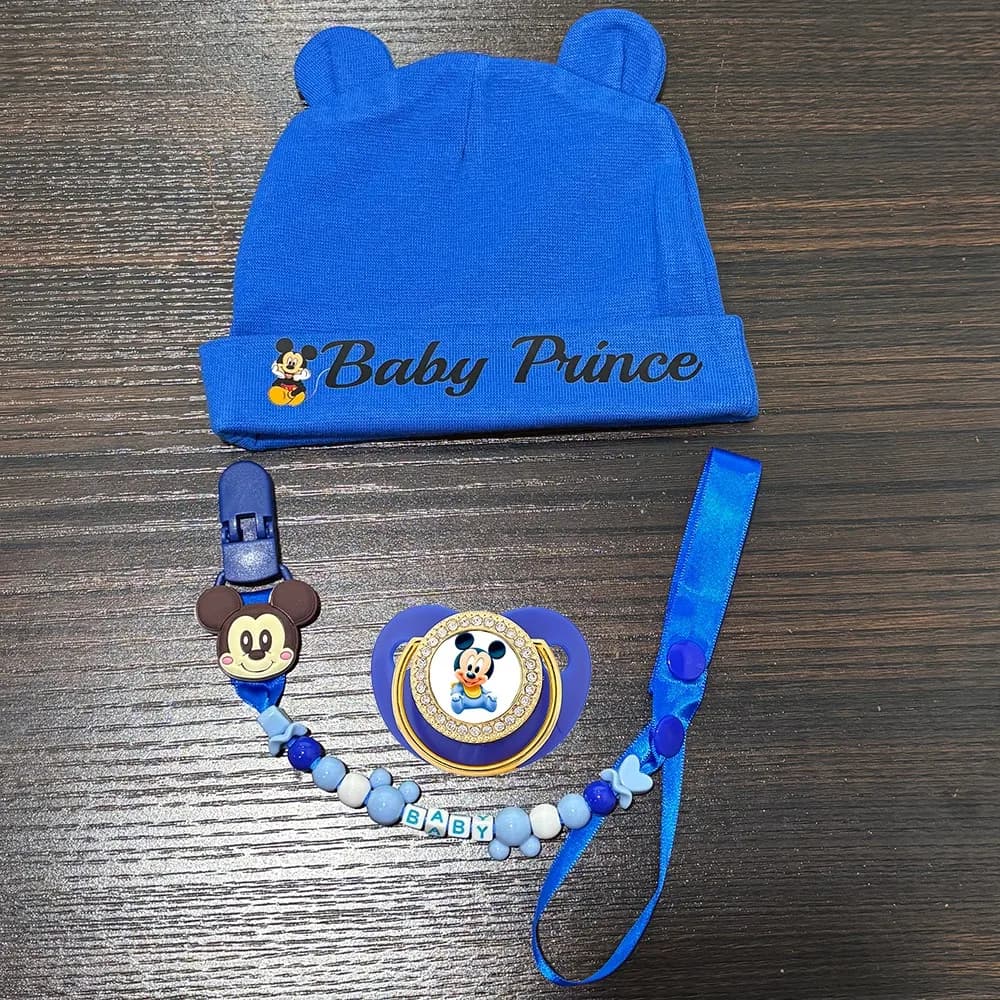 Ciuccio per neonati e clip per catenella / Cappellino neonato per bambino/bambina / Ciuccio per neonati con tettarella, grazioso set con biglietto regalo e foto adorabile