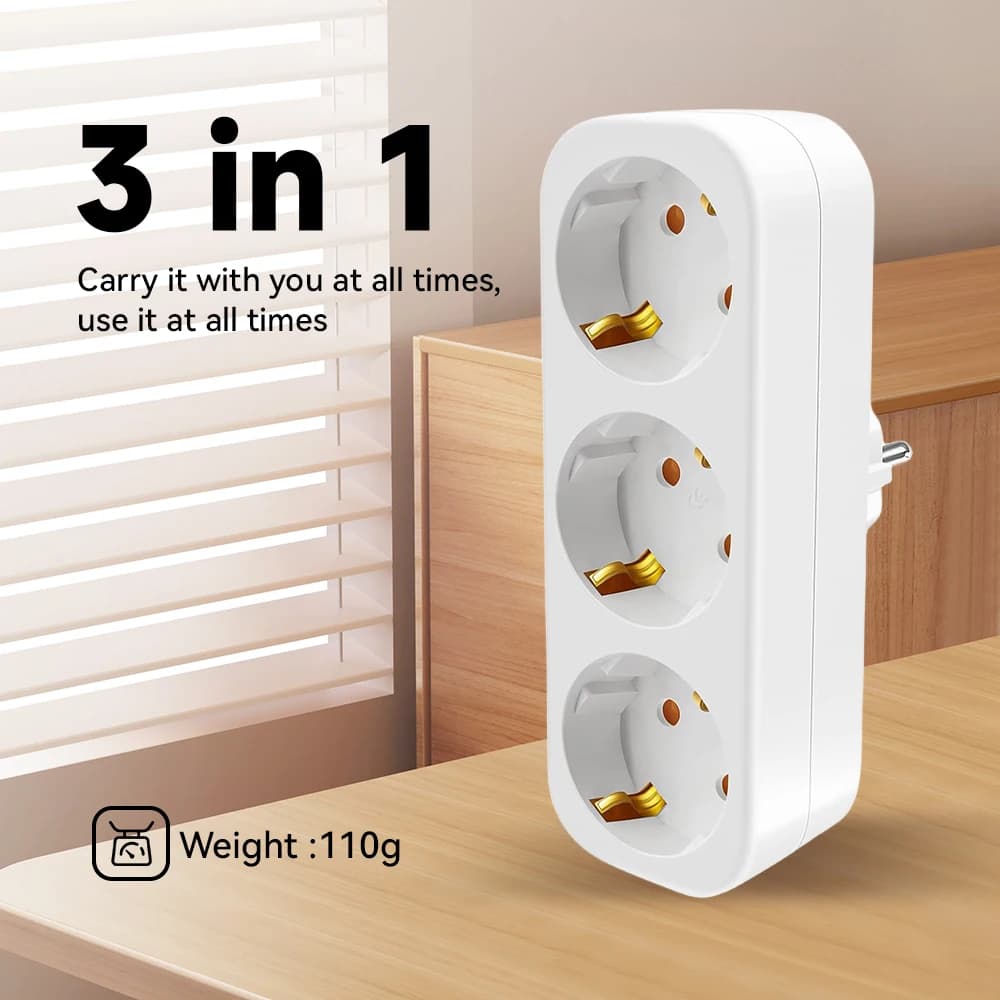 Cableless 3-Fold Multiplug: Dual Schuko Wall Adapter Plug, 3680W Max Rated for 250V/16A Direct Connection