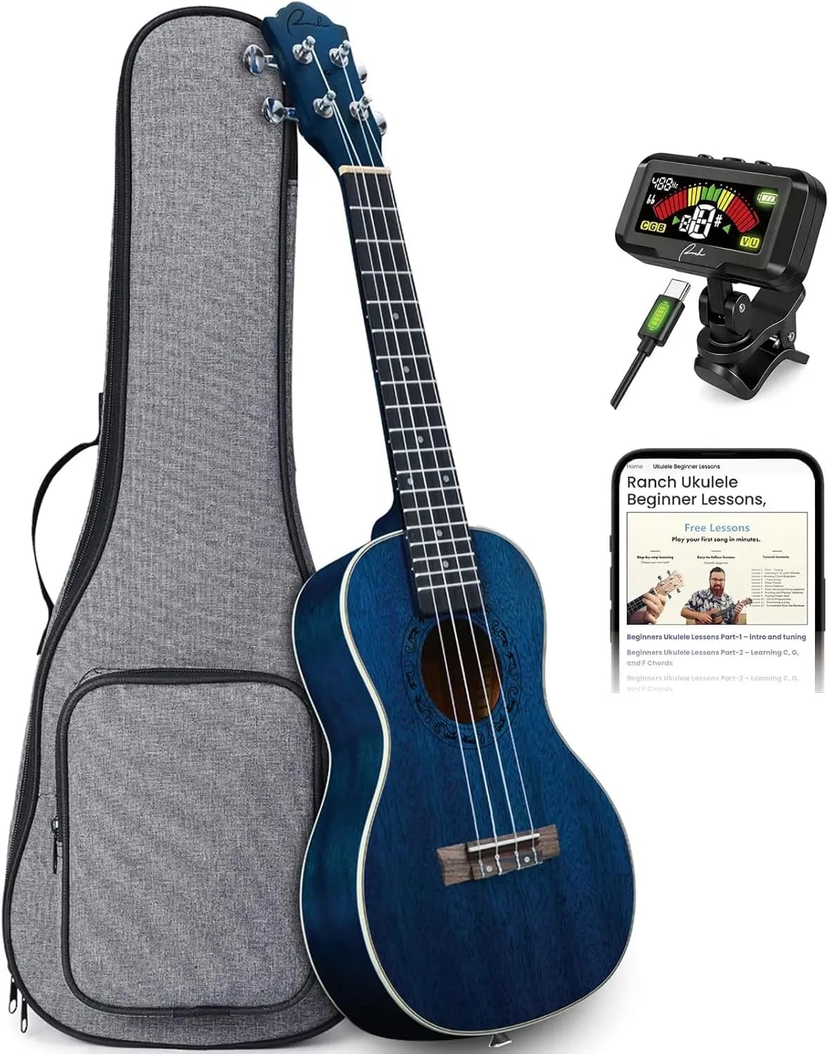 21 Inch Soprano Ukulele, Professional Wooden Ukelele, Starry Blue, Includes 12 Online Lessons, Gig Bag, and Rechargeable Tuner
