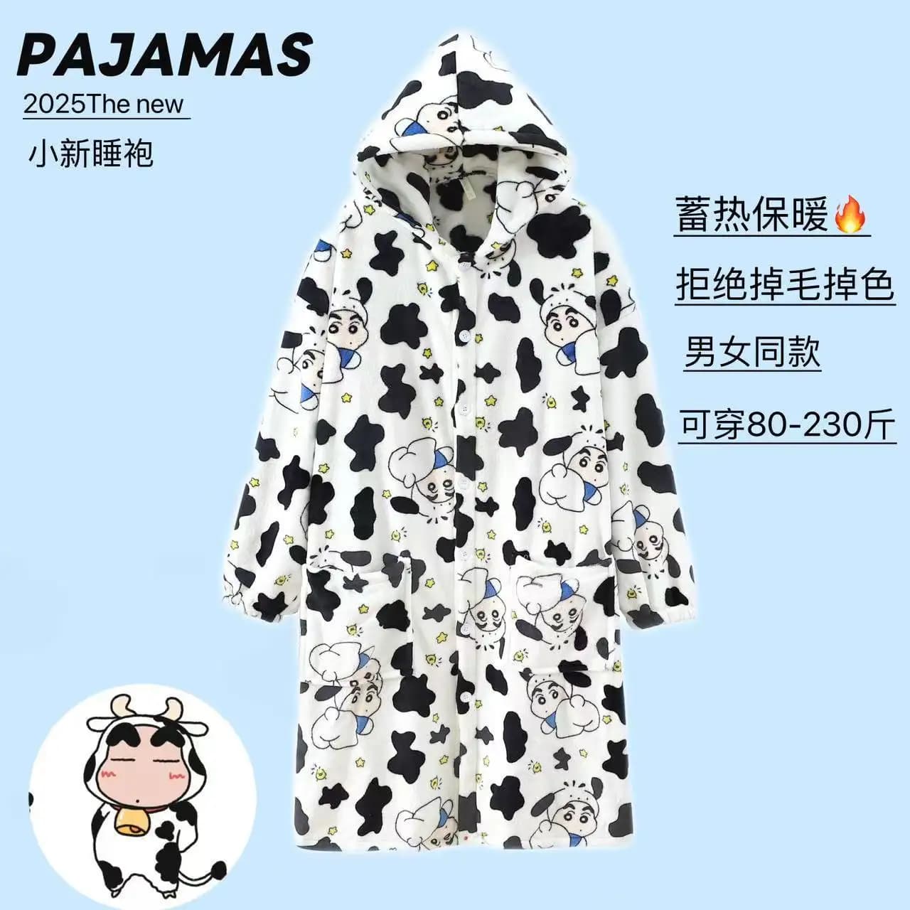 Accappatoio con cappuccio Crayon Shin-Chan con stampa mucca, pigiama unisex invernale caldo in pile super morbido, abbigliamento da notte e da casa casual