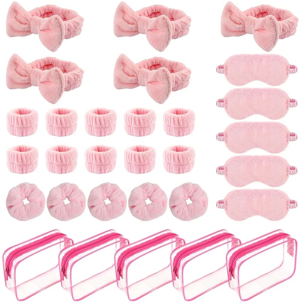 Complete Gift Set: Pink Plush Night Mask with Flake, Hair Band, Makeup Bag, Hair Elastics and Bracelet in Soft PVC Polyester – Perfect for Bride, Goodbye to the Nubilate, Birthday