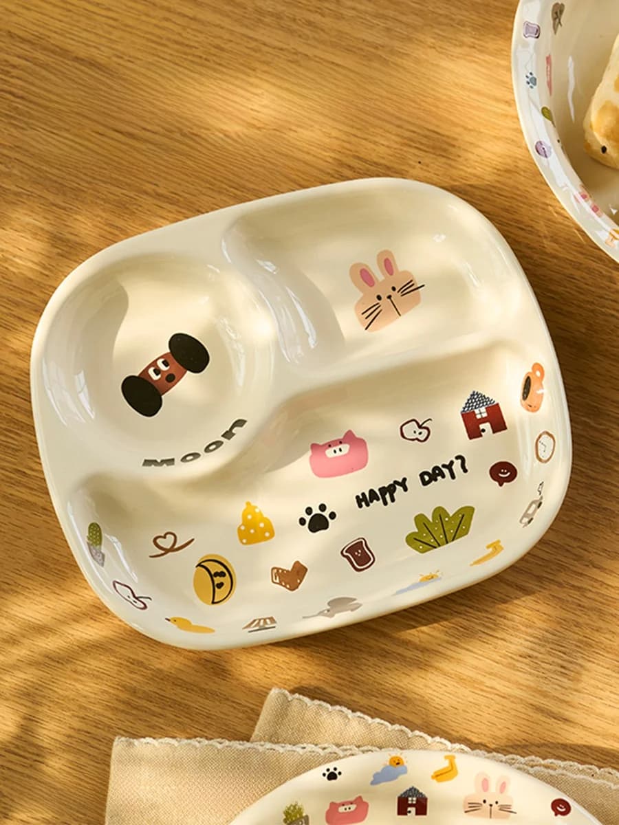 Cute Divided Plate with Carton Design Animated for Diet and Weight Loss, Rectangular Table Tools for Home, 6.5 Inches