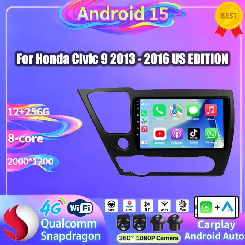 Android 15 Car Radio For Honda Civic 9 2013 2014 2015 2016 (US EDITION) CarPlay Auto GPS Multimedia Player Navi Head Unit Stereo