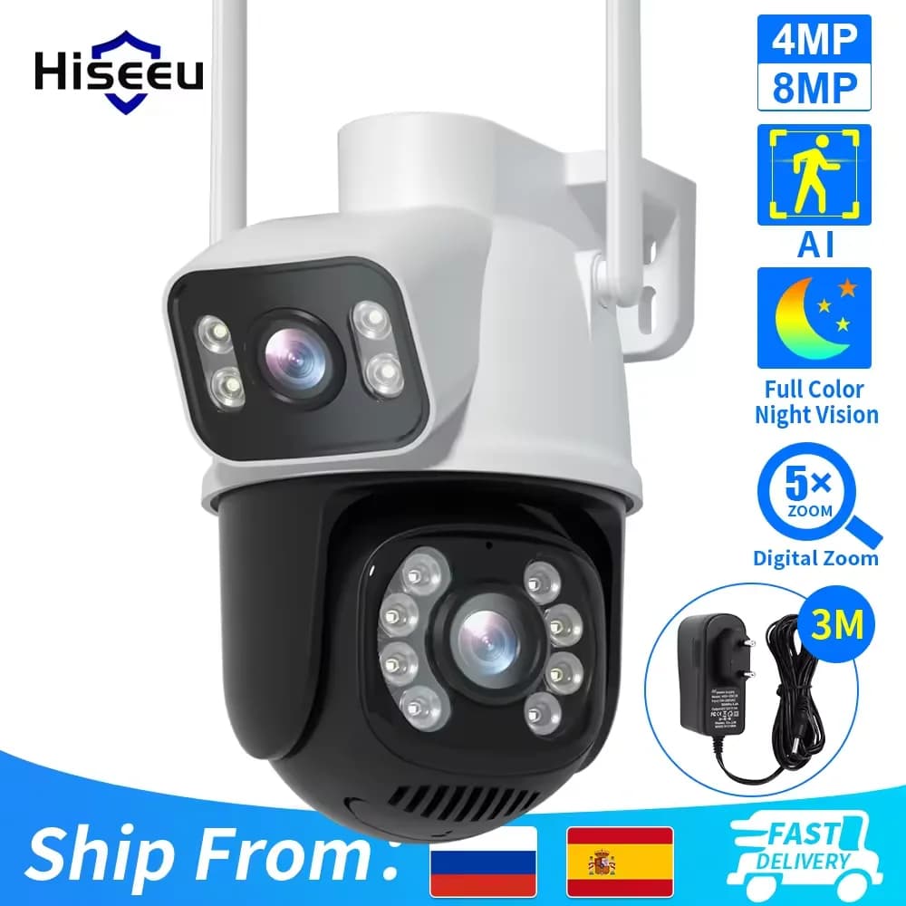 Hiseeu 4K 8MP Dual Lens Wifi Telecamera di sorveglianza Zoom digitale 4X AI Rilevamento umano ONVIF Telecamere IP PTZ di sicurezza esterna wireless