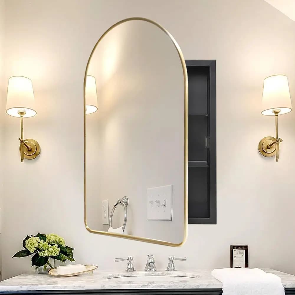 Arched Medicine Cabinet with Mirror,Reced Medicine Cabinet Mirror,Gold Bathroom Arch Mirror Cabinet,Metal ed Arch Mirrored Medic