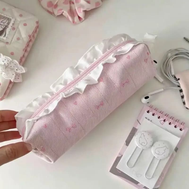 Cute Girl Lace Pencil Case High Capacity Bow Stationery Storage Bag Ballet Style Makeup Bag Girl Gift