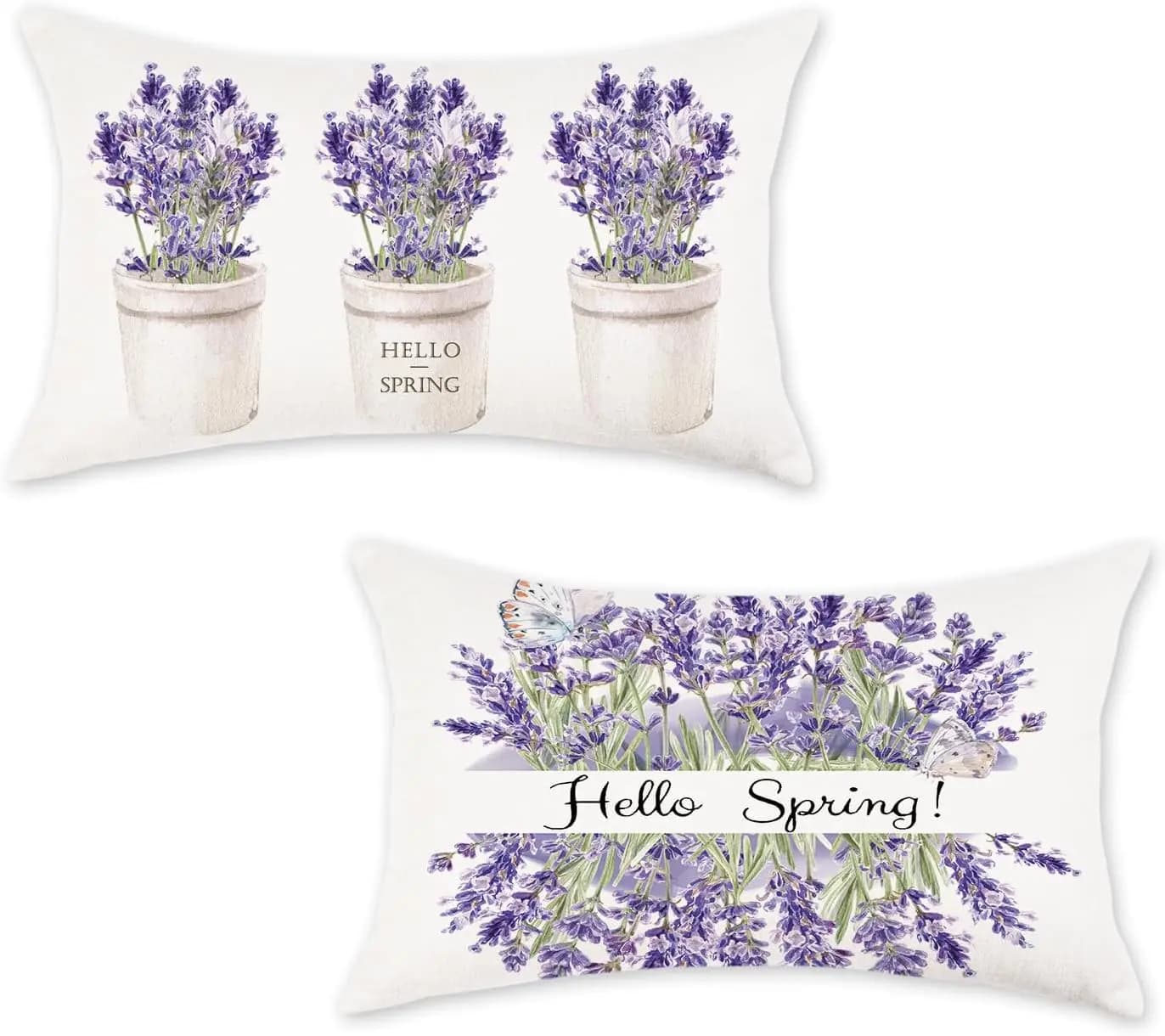 2PCS Rectangle Pillow Cover Polyester Printed Lavender Cushion Case Hello Spring Decor Sofa Bed 30x50cm Lumbar Purple Throw