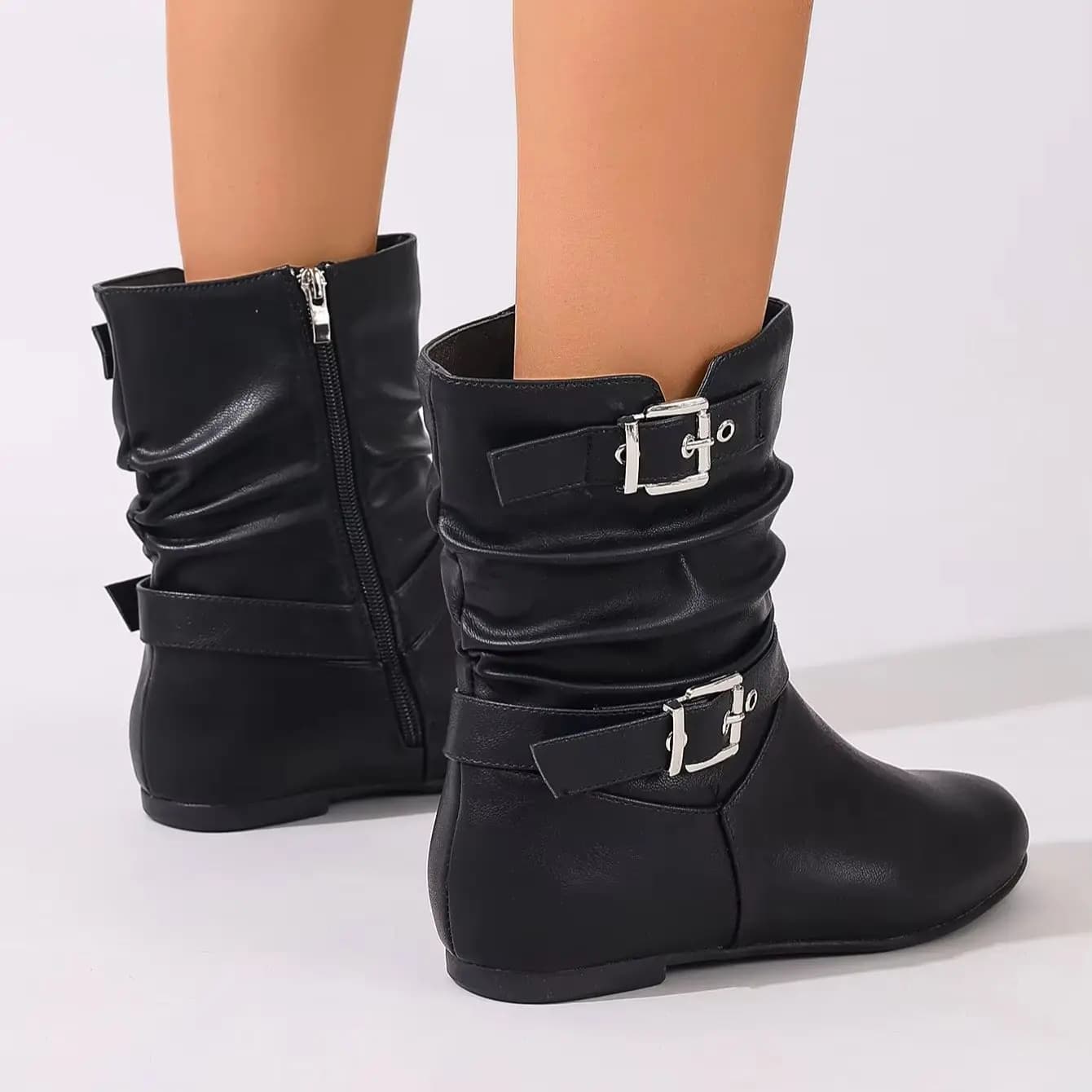 Stivaletti da donna neri in ecopelle con fibbia, stivali singoli con tacco piatto e rialzo, con cerniera laterale, scarpe casual per tutti i giorni primavera e autunno, stivali da donna di grandi dimensioni