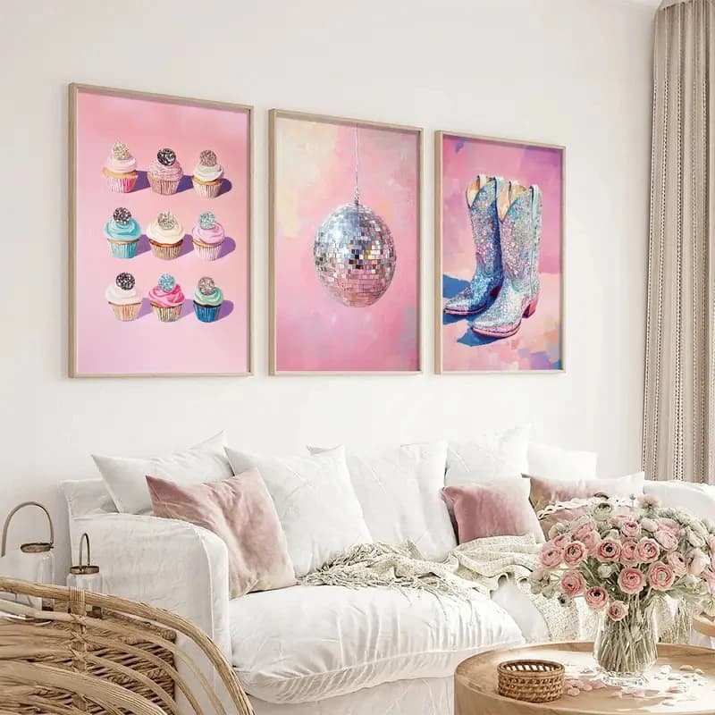 3 pezzi/set astratti rosa palla da discoteca stivali cupcakes parete alla moda, palline a specchio artistiche, poster su tela, decorazione domestica moderna