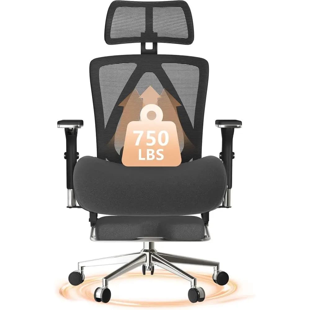 Sedia da Ufficio Ergonomica in Rete per Persone Alte e Robuste, Cuscino Ampio, Supporto Lombare Regolabile, Braccioli 4D, Grigio