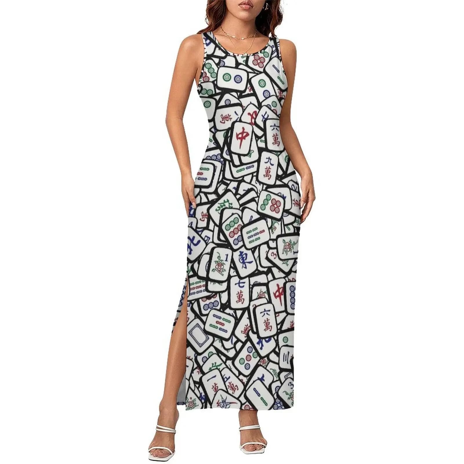 Womens Dense Scattered Mahjong Tile Print Dress Street Style Bodycon Dress Summer Elegant Maxi Dresses Design Oversized Vestidos