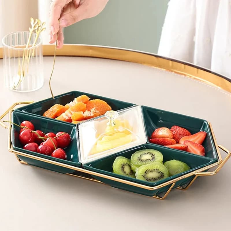 Set di Vassoi in Ceramica - 3 e 5 Scomparti, Coperchio in Acrilico, Base in Metallo, Piatto per Snack, Frutta, Frutta Secca, Insalata e Dessert