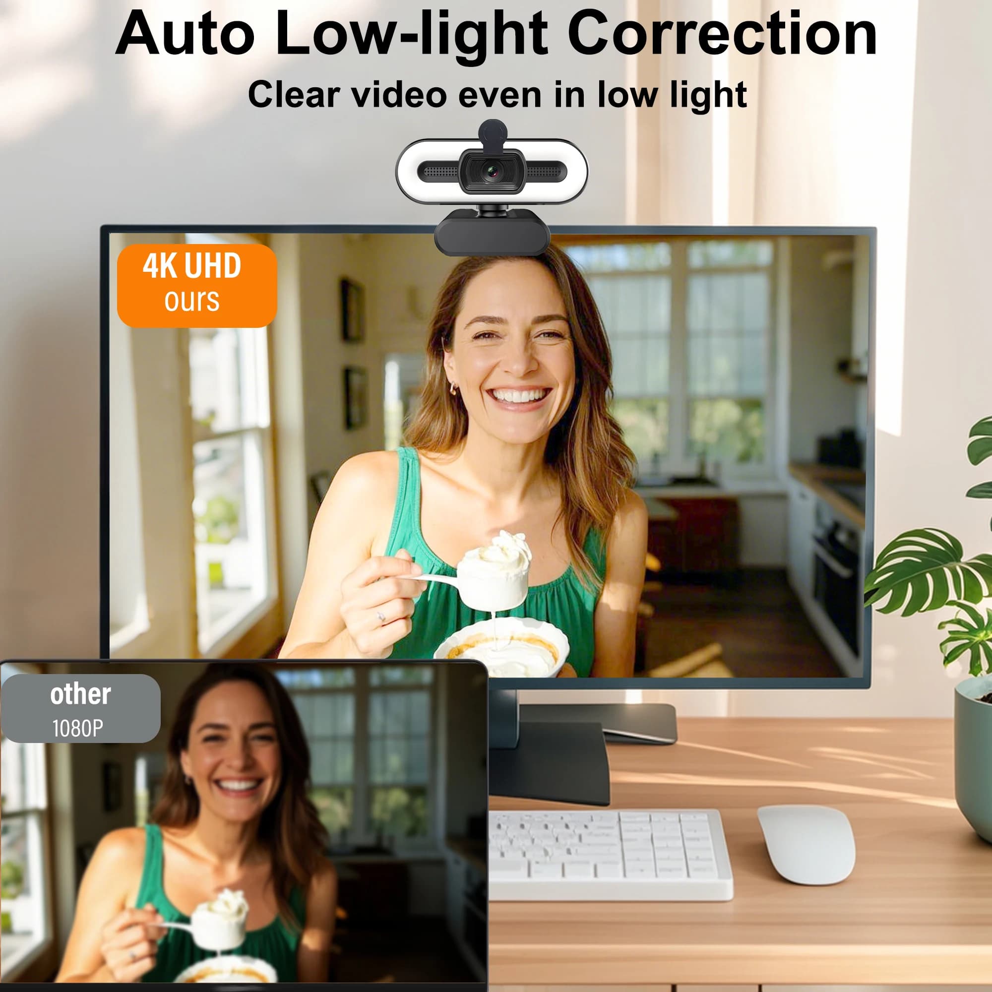 Webcam 4K con Luce Regolabile a 3 Livelli, Copertura Privacy e Microfono con Cancellazione del Rumore per Streaming, Didattica e Ufficio