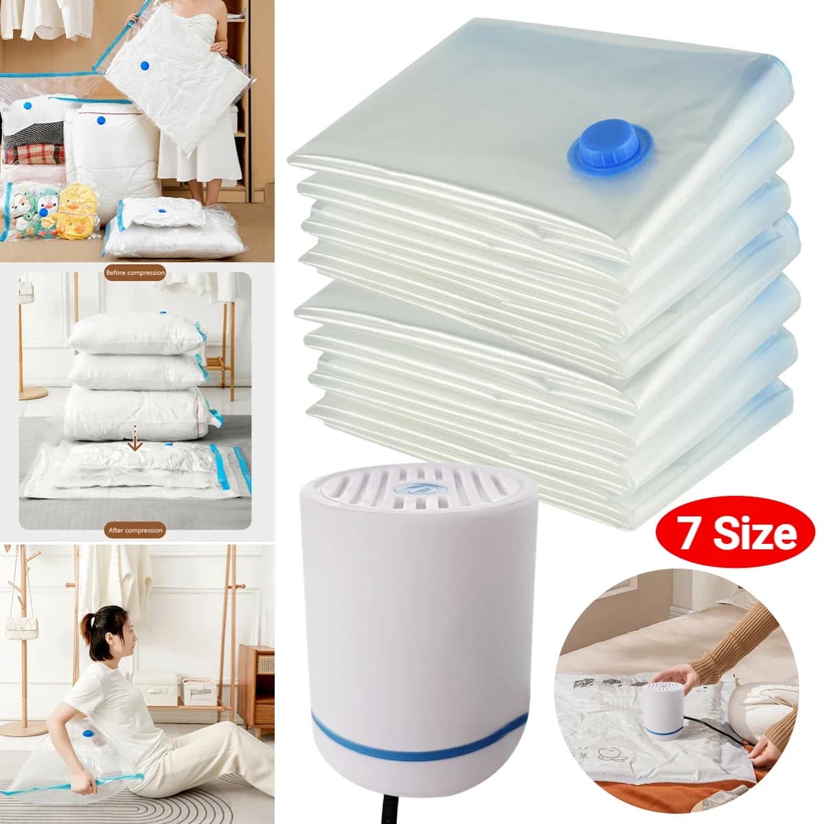 7 size reusable vacuum bags with electric pump Vacuum sealing bag Mini vacuum sealing machine for clothes organizer