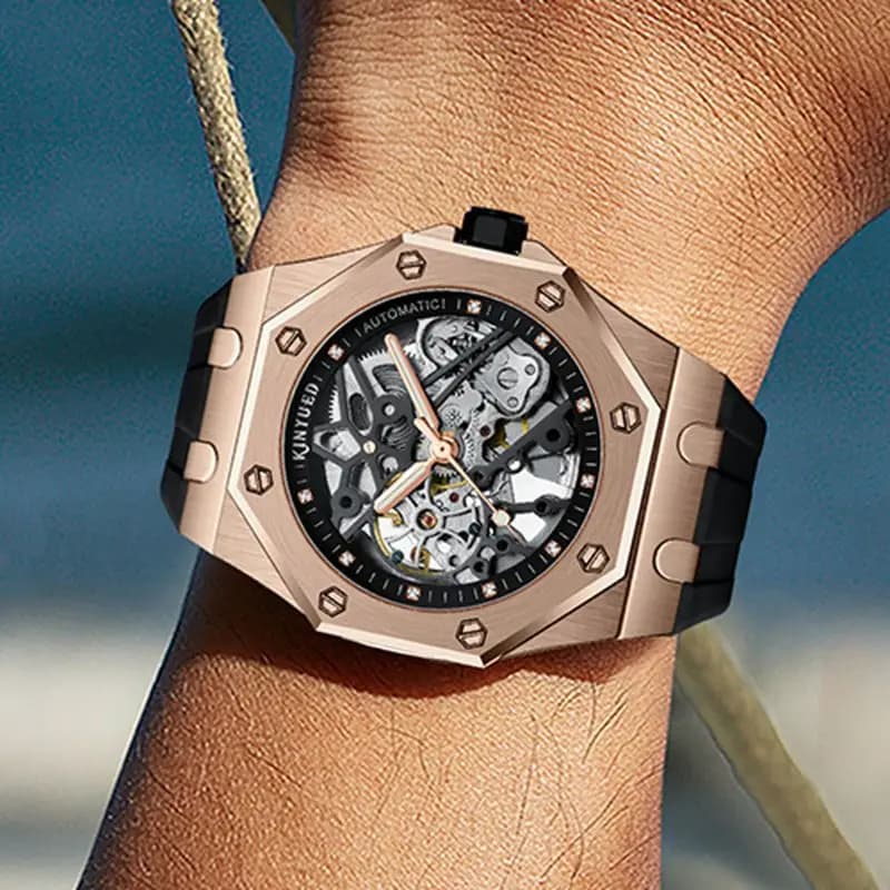 KINYUED Fashion Skeleton Mechanical Watch Top Brand Luxury Silicone Strap Steampunk Hollow men's automatic watch Relogio