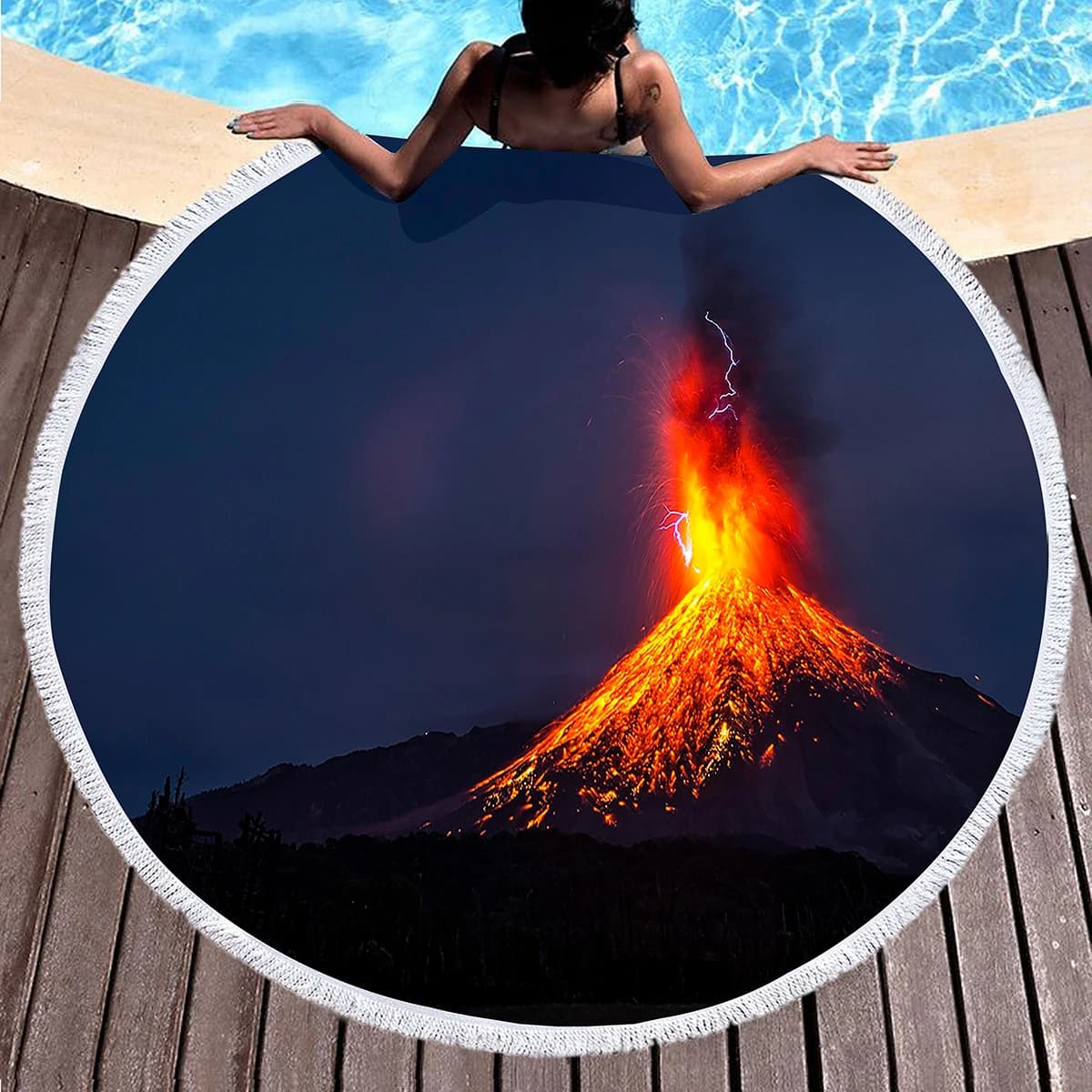 Round Sea Tel with Vulcan Printing, Microfiber Circular Beach Cover, Swimming Pool Absorbent Rapid Drying, Yoga Mat, Covered with Frange