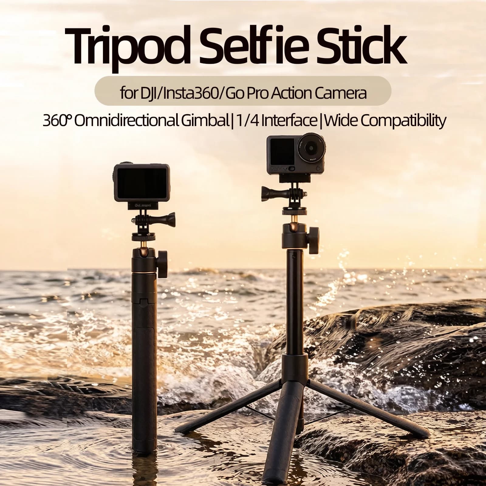 Treppiede Selfie Stick per DJI Pocket3/4/Action6/5Pro/4/3/360/Nano o Insta360 X5/4/3/2/Ace Pro2/1/Go3/3S/Ultra, per Sport all'Aperto
