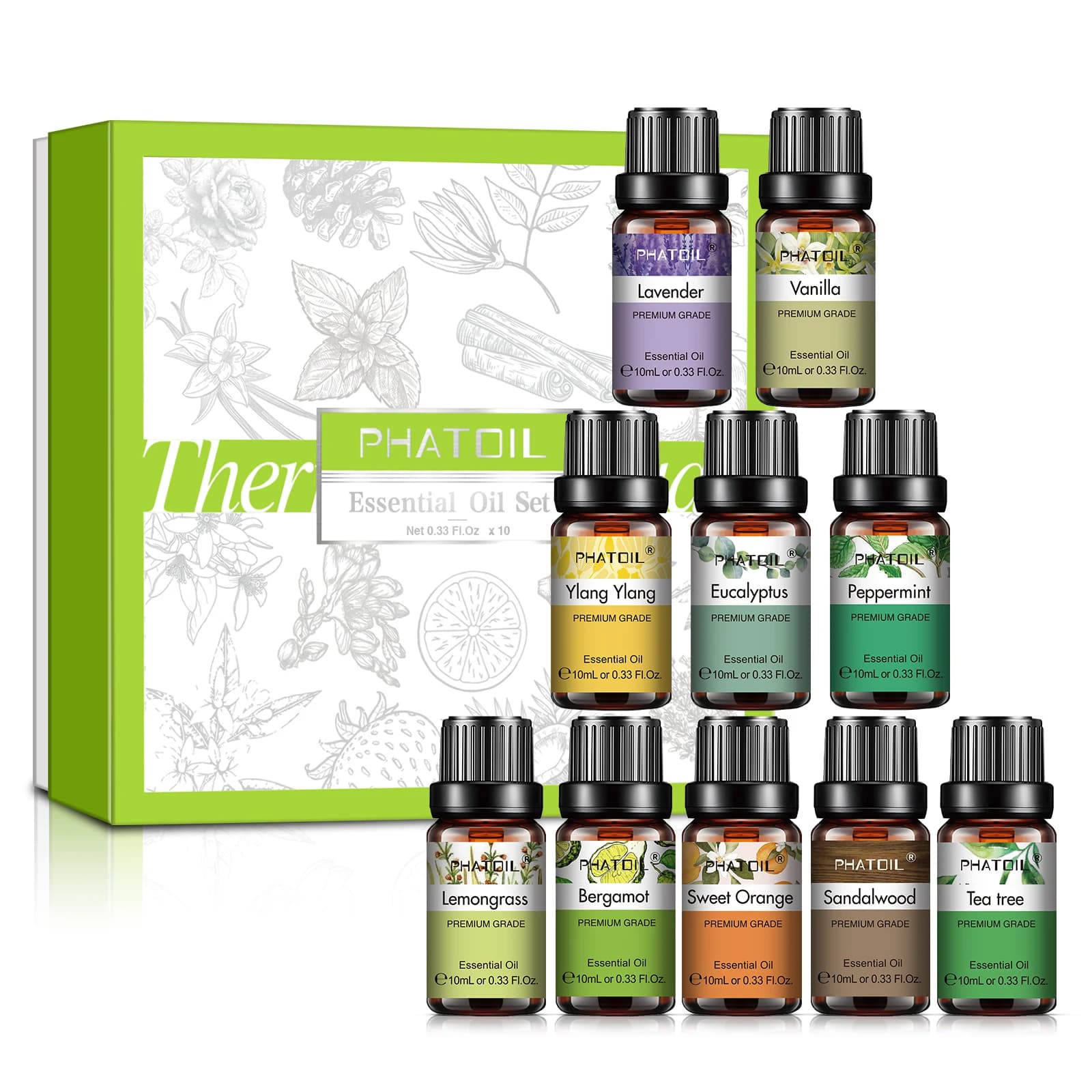 PHATOIL 1/6/10 pz Set of essential oils for diffuser-10ml Lavender Eucalyptus Bergamotto Vaniglia Sandalwood Tea Tree Essential oils