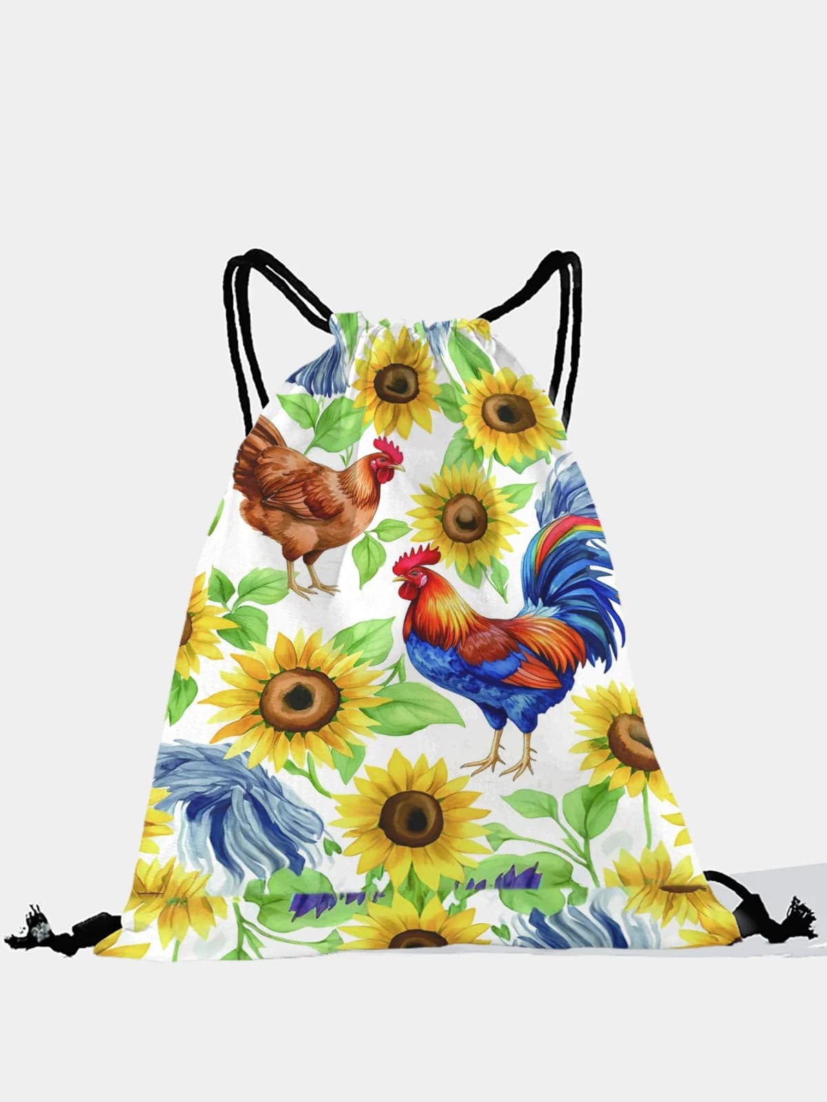 Zaino con coulisse con stampa gallina e girasole, borsa sportiva leggera per palestra, yoga, viaggi, scuola, shopping e uso quotidiano