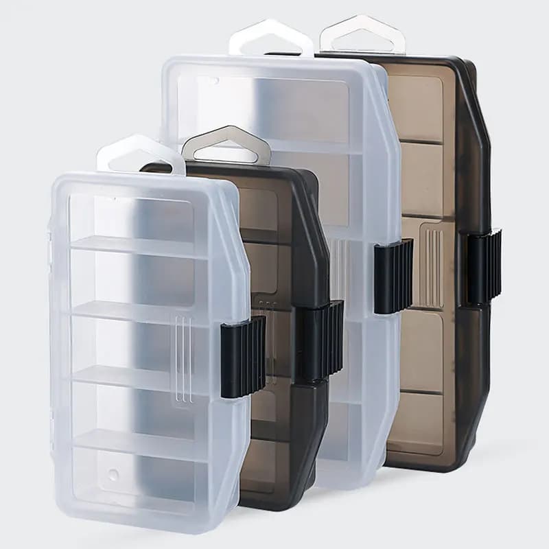 Organizer container with 5 compartments for grills, visible plastic fishing bait container, fishing gear box, screw case with beads, satin